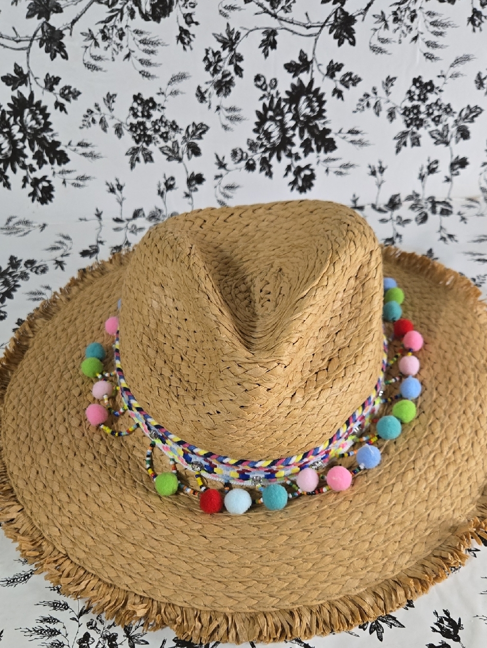Betsey Johnson Natural Straw Hat with Hot Pink Label B55